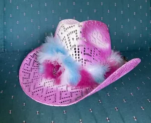 Vtg 80s mesh Purple Blue feather cowboy cowgirl hat Square Line Dance Costume - Picture 1 of 24
