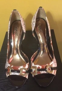 Tacones de aguja Peep Toe talla 6,5 M estampado bronceado y marrón - Imagen 1 de 9