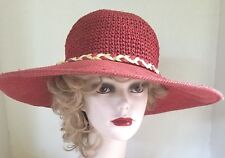 Casual Red Large Brim Hat with Red and Off White Woven Band Red Hat Garden