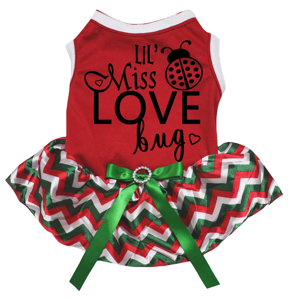 Lil' Miss Love Bug Red Top Red White Green Chevron Tutu Pet Dog Puppy Dress - Image 1 of 1