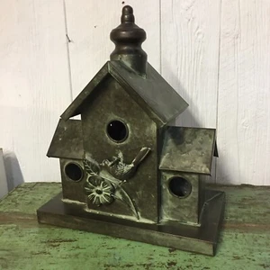 Cute Galvanized Metal Bird House W/ Bird & Flower Rustic 3 Hole - Picture 1 of 8