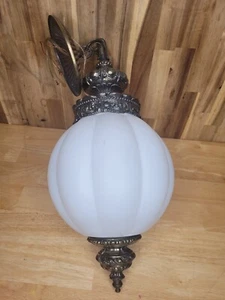 Vintage Mid Century Modern Hanging Swag White Globe & Brass Lamp Light Fixture - Picture 1 of 19