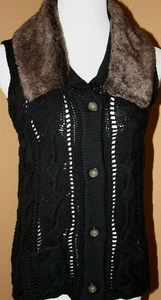 J Jill Black Cable Knit Sweater Vest Crochet Faux Fur Collar Buttons NWOT S - Picture 1 of 6