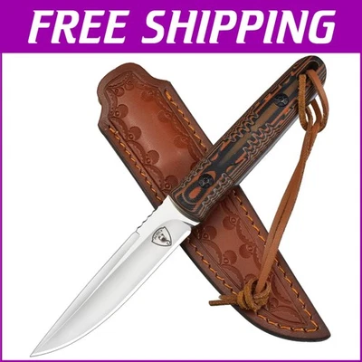 轻量级D2刀片狩猎刀带防滑G10手柄和皮革鞘 — 第 1/4 张图片