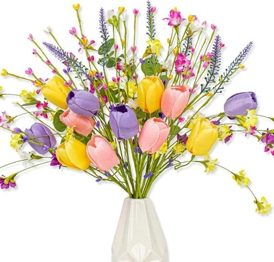 Artificial Spring Flowers 12 Pack Flower Stems 17 Pink Yellow Purple  - Image 1 of 4