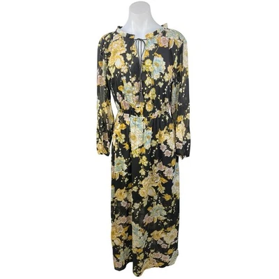 NOVO Vestido Maxi H&M Preto Multicolorido Floral Babado Borla Decote V Manga Longa Tamanho 2 - Imagem 1 de 4