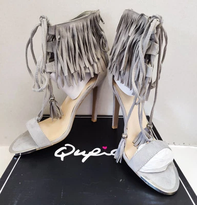 Qupid Interest-123X Womens Fringe Stiletto Heels Sandal Faux Grey Suede SZ 9 NEW - Image 1 of 4