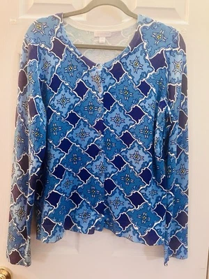 CHARTER CLUB Women's Down Button Sweater Cardigan  - Colorful Blue Print Size L - Image 1 of 4