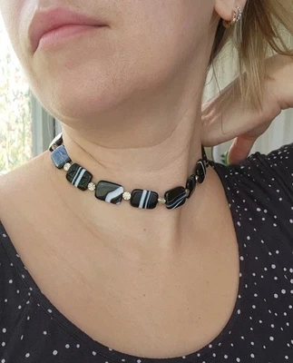 Collar Gargantilla Y2K 15" Negro Blanco Ágata Ónix Plata Gótico Romántico Grunge Punk Foto 1 de 4