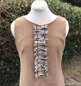 Retro WALLIS Women's Dress UK12 Brown A Line Short Faux Suede Look Sleeveless - Picture 1 of 14