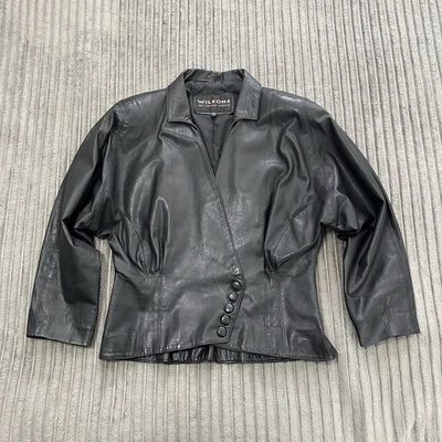 Jaqueta de couro vintage Wilsons feminina L preta cropped Dolman botão para cima Cyberpunk - Imagem 1 de 4