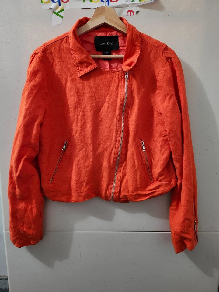 Chaqueta Karen Kane Mujer M Naranja Moto Crop Asimétrica Cremallera Mezcla de Lino Bolsillos Foto 1 de 4