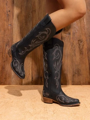 Mujeres Vaqueras Vaqueras Botas Hasta la Rodilla Tirar en Lateral Cremallera Tacón Bajo Botas Occidentales Foto 1 de 2