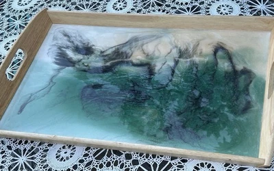 Handmade Ocean Tray, Wooden Epoxy Resin Serving Tray, Beach Recta Vanity Tray - Image 1 of 4