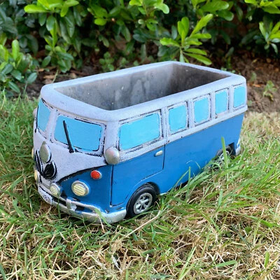 Blue VW Campervan Planter Cement Home Garden Plant Flower Seed Herb Pot Gift New