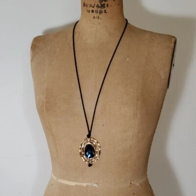 Bella Jack 31-34" Necklace Blue Glass Faceted Stone Gold Hardware Leather Cord - Image 1 of 4