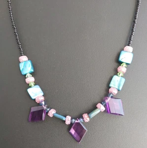 Handmade Beaded Necklace Glass MOP Shell Beads Purple Teal Shoe Button Clasp 17” - Picture 1 of 6
