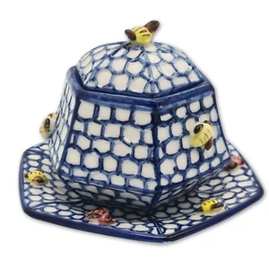Beehive Sugar / Honey Bowl With Lid + Plate Tray Ceramic Porcelain Hand Painted - Picture 1 of 10