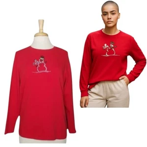 Studio Works Christmas Snowman T-Shirt Women's Size 1XL Red Long Sleeve Beaded - Picture 1 of 6