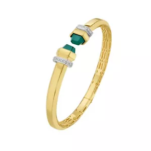 14k Yellow Gold .12ct Natural Diamond Green Art Cuff Bangle Bracelet 6MM 10.5GR - Picture 1 of 2