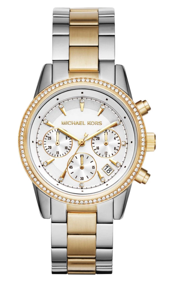 Michael Kors Ritz Pavé 37 mm Stainless Steel/Gold Case Women's Wrist Watch, White Dial - (MK6474)