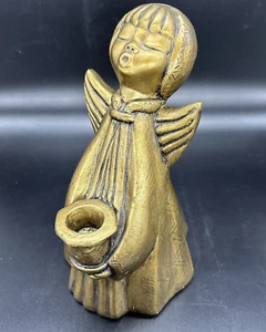 Vtg Chalkware Singing Angel Figurine Candle Holder 9" Caroler Painted Gold EUC - Picture 1 of 10