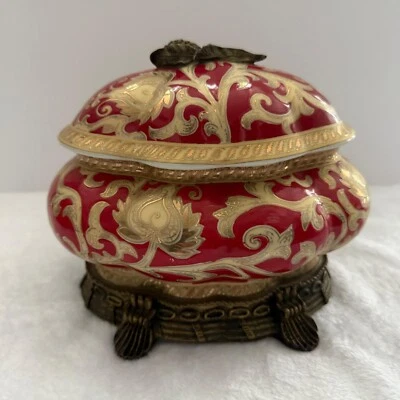 Китайский фарфор красный и золотой безделушки коробка | порошок блюдо | Qianlong период Repro | - Изображение 1 из 4