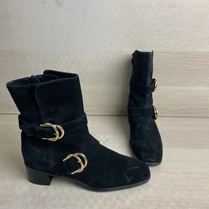 Stuart Weitzman Black Suede Side Zip Block Heel Buckled Ankle Boots Women’s 8 M - Picture 1 of 8