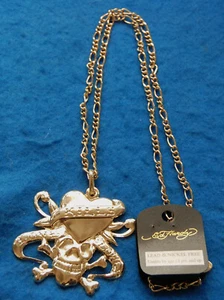 Heart & Skull Goth Pendant (Love Kills Slow) w/30" Chain, 24kt Gold Plating, New - Picture 1 of 1