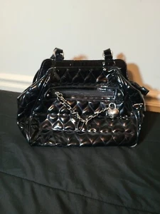 Lulu Guinness Black Patent Leather Shoulder Bag Purse Satchel Handbag Preowned - Picture 1 of 14