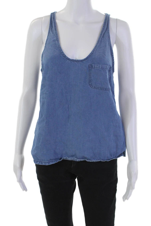 Camiseta sin mangas de mezclilla sin mangas con cuello redondo texturizado Joie para mujer azul talla S Foto 1 de 4
