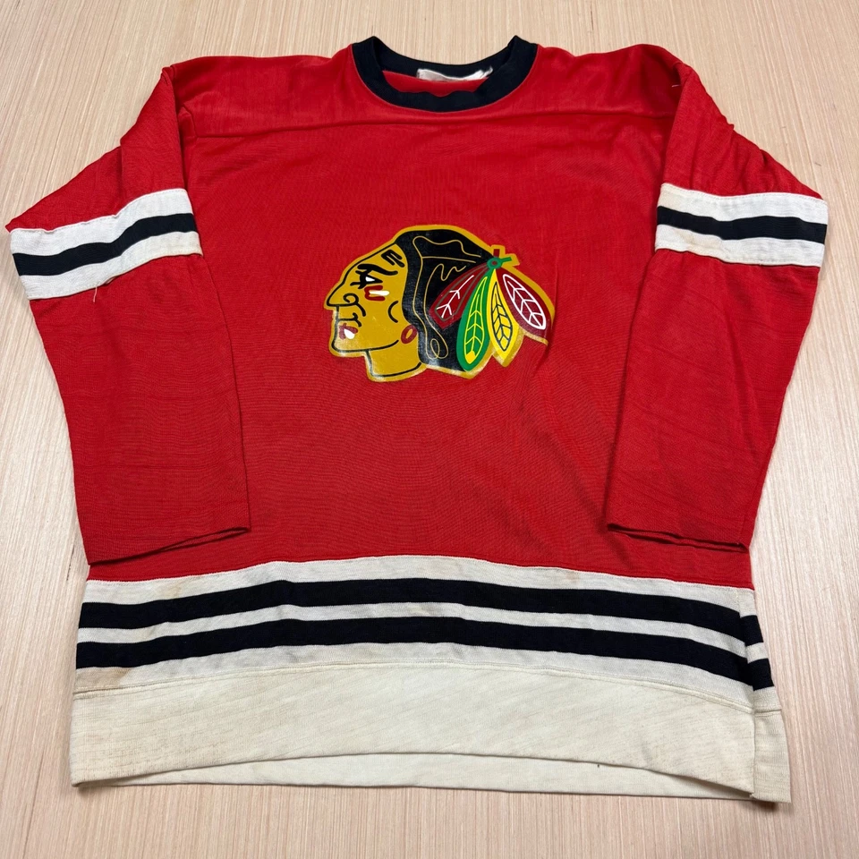 70s 80s Vintage Chicago Blackhawks durene Rawlings Jersey Medium Knit Made USA - Image 1 of 4