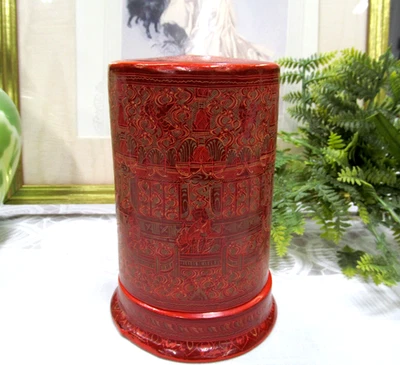 Caja de betel de laca asiática birmana vintage soporte para carrito de té pintado en madera Foto 1 de 4