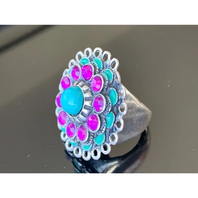 Anillo de Cóctel Vintage Retro Amatista Color Corte Vidrio Esmalte Tono Plata, Fundido Foto 1 de 4