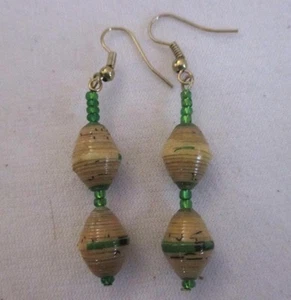 Drop Dangle 2.5" Earring  Tan Green Mix  Recycled Paper Green Beads Gold Wires - Picture 1 of 2