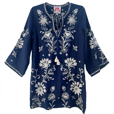 Vestido Johnny Was Nuevo con Etiquetas Kimono Slv Línea A Cambio Talla S Azul Marino Lino Bordado Foto 1 de 4