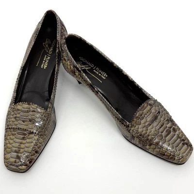 Mocasines Donald J Pliner Estampado Serpiente Tacón Bloque Mujer 9.5 Oliva/Beige con Caja Foto 1 de 4