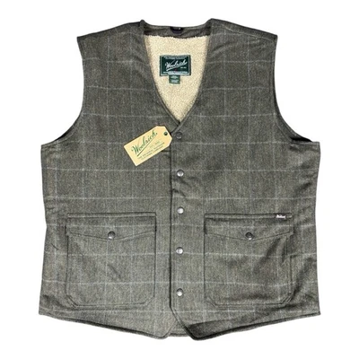 Woolrich Vest Men L Green Herringbone Check Sherpa Lined Wool Snap Buttons NWT - Image 1 of 4