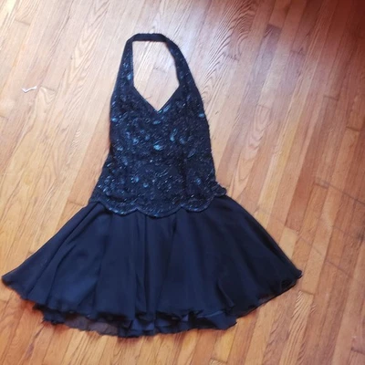 Adrianna Papell Noche Talla 14 Negro Seda Cuentas Halter Fluido Vestido Cuentas Rodilla L Foto 1 de 4