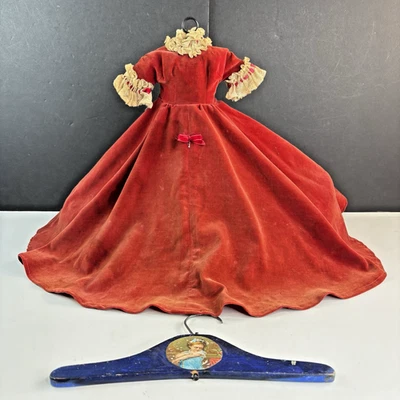 Vestido de boneca antigo vermelho marrom veludo renda argola completa saia eduardiana vitoriana - Imagem 1 de 4
