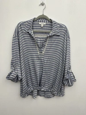 Blusa Top Vintage America Para Mujer Grande Manga con Pestaña Enrollada Cuello a Rayas Viscosa Foto 1 de 4