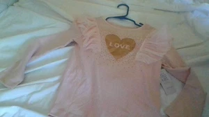 NWT 365 Kids/Garanimals Gold Glitter "LOVE" Ruffled Pink Shirt Size 5 Long Slv - Picture 1 of 17