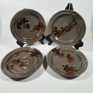 Set 4 Shallow Bowls Plates Art Pottery Stoneware Abstract Floral Orange Signed - Picture 1 of 16