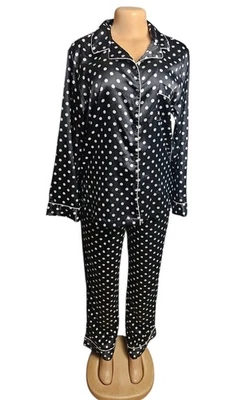 Victoria's Secret 黑色缎面圆点长睡衣套装女式 M 复古 Coquette  — 第 1/4 张图片