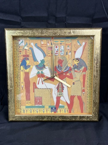 Egyptian Pharaoh Wall Hanging Clock Gold Flake Square Frame Working! 11”x11” Cover