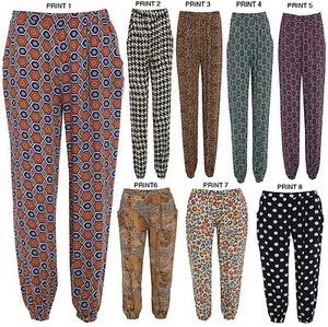 NEW LADIES PRINTED WOMENS HAREM PANTS CUFFED LEGGINGS POCKET TROUSERS SIZE 8-14 - Picture 1 of 17