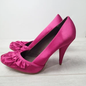 BCBGMAXAZRIA ruffle Dress Shoes Magenta Deep Pink Stilettos Slip On Satin 8 B - Picture 1 of 12