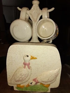 Vintage "DUCKS" Ceramic Tree Coffee Cup Holder with (4) Ceramic Cups - Picture 1 of 6