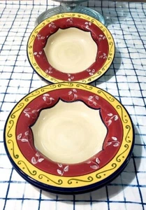 PIER 1  VALLARTA Hand Painted Red Yellow  Earthenware Dinner Plates Set of 3 - Picture 1 of 7