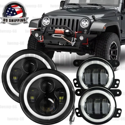 Par de faros LED de 7 pulgadas alto/bajo DRL +4" kit de faros antiniebla para Jeep Wrangler JK Foto 1 de 4